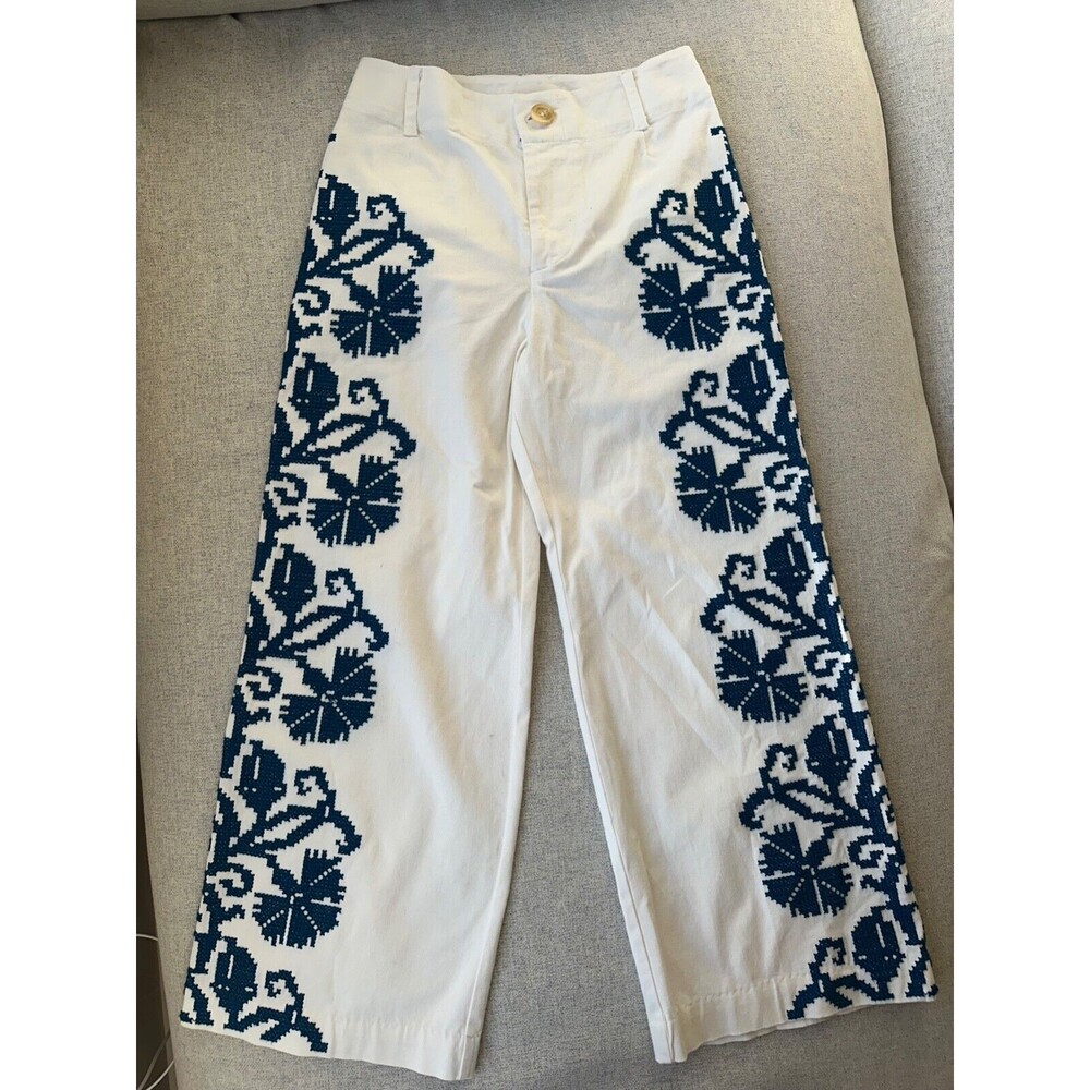NWT Anthropologie Becky Wide Leg Cropped Embroidered White Pants Size 0